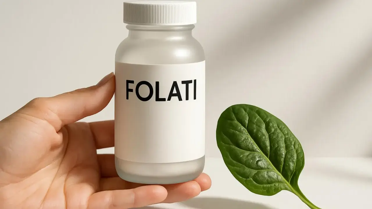 Flacone di folati, integratore utile per chi ha la mutazione MTHFR. Accanto, una foglia verde.