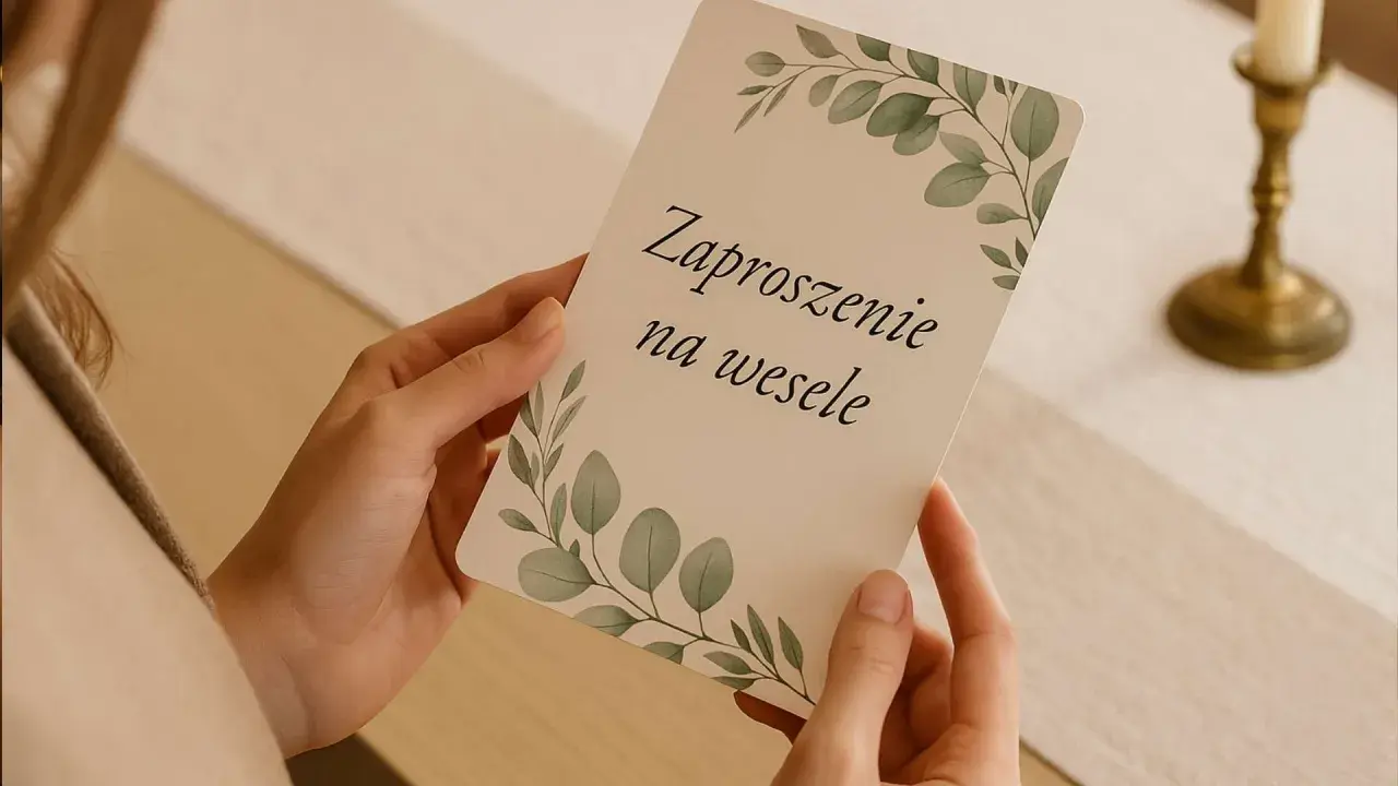 Dłonie trzymają zaproszenie na wesele z motywem liści. To ważny moment, gdy para młoda odpowiada na pytania o ślub.