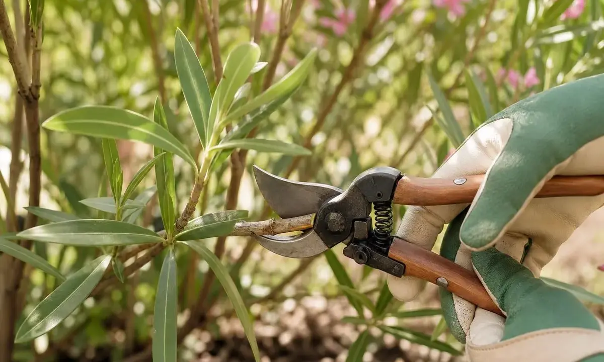 Maintenant, la taille du laurier rose en pot pour une belle floraison. Des mains gantées utilisent un sécateur pour tailler une branche.