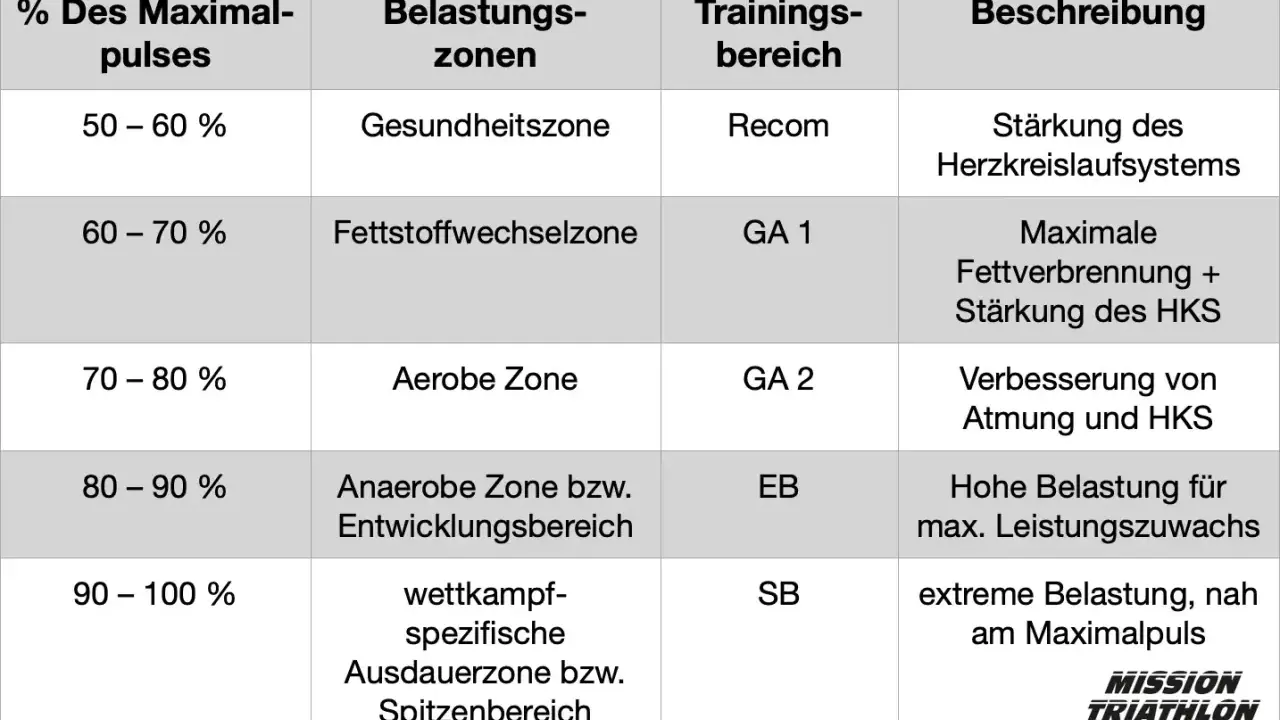 Tabelle zeigt Trainingszonen: Zone 2 (Fettstoffwechselzone, 60-70% Puls) für maximale Fettverbrennung und HKS-Stärkung.
