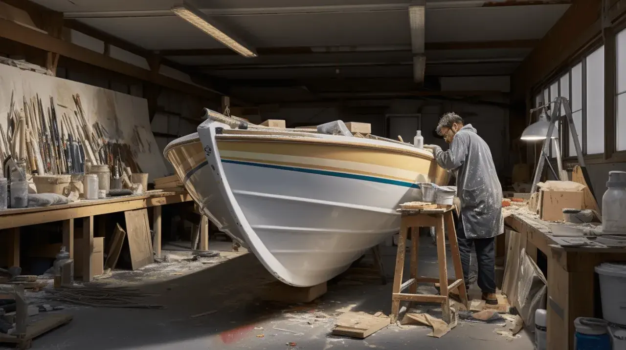 Un artiste travaille sur la peinture d'un bateau en aluminium dans son atelier.