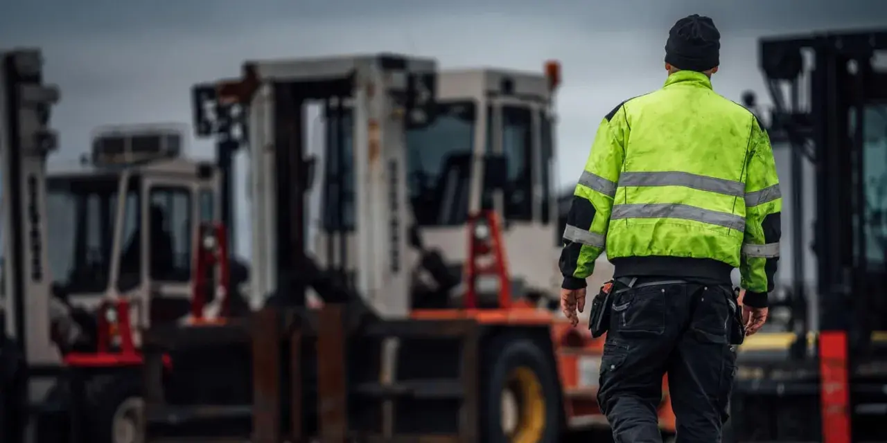 Arbetare i varseljacka inspekterar en truckladdning med flera gaffeltruckar i bakgrunden.
