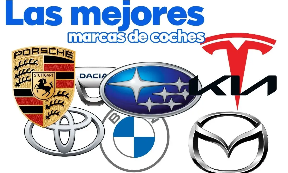 Logos de Porsche, Toyota, BMW, Subaru, Kia, Tesla y Mazda, representando la mejor marca de coches.