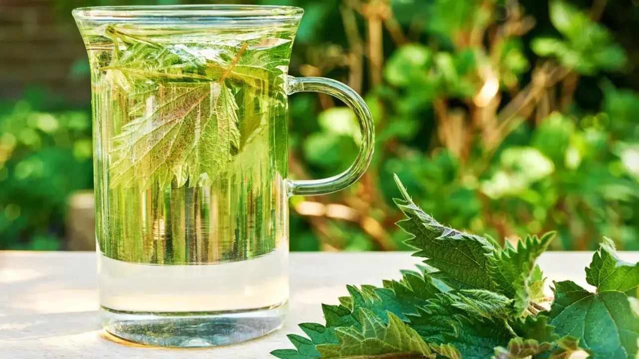 Ein Glas Brennnesseltee mit frischen Blättern. Die Brennnesseltee Wirkung ist bekannt für ihre entgiftenden Eigenschaften.