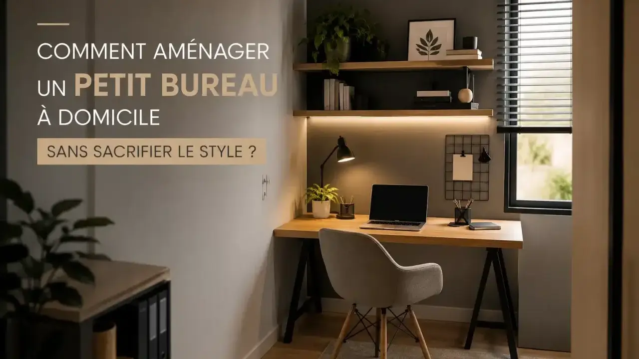 Aménagement d'un petit bureau à domicile stylé : bureau en bois, chaise confortable, étagères et lampe.