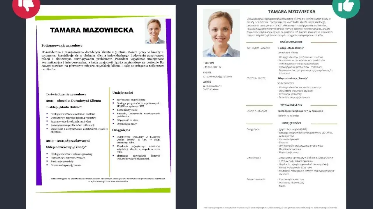 CV Tamary Mazowieckiej: doświadczona doradczyni klienta z 3-letnim stażem, biegła w obsłudze e-commerce i rozwiązywaniu problemów.