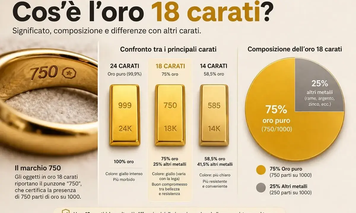 Anello con punzone "750", che indica 750 parti di oro puro su 1000, mostrando la composizione dell'oro 18 carati.