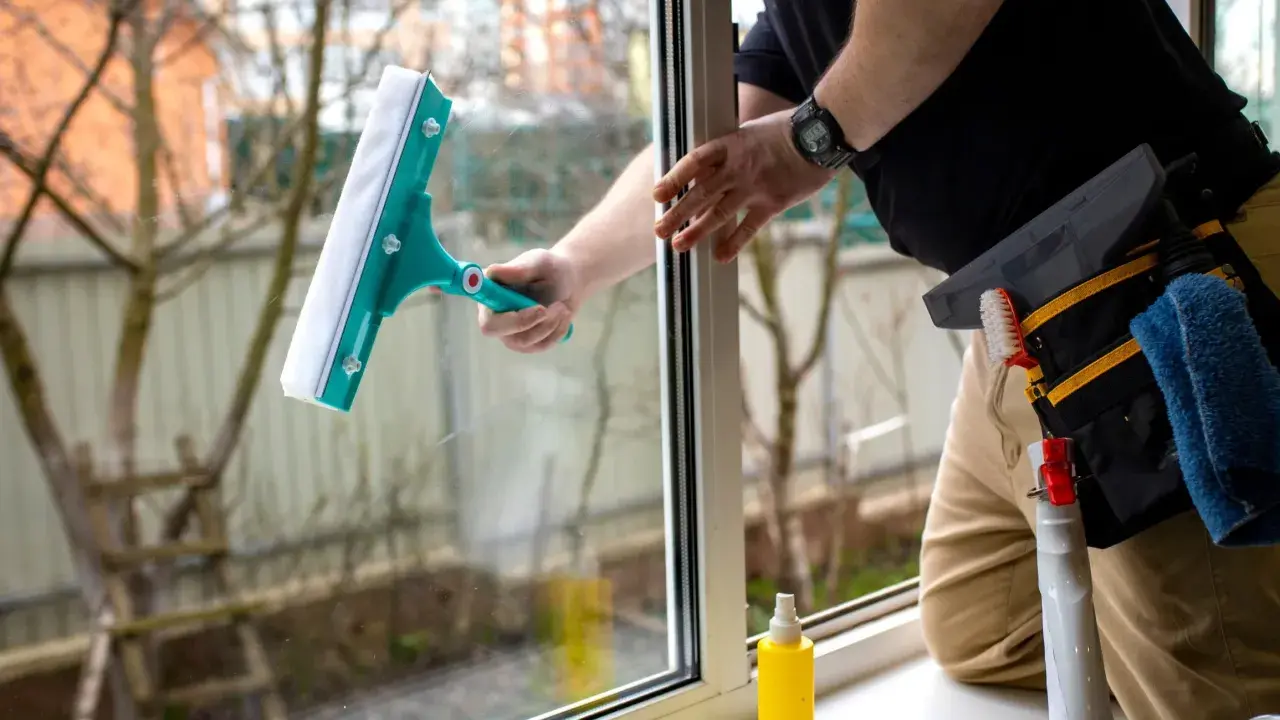 Osoba myje okno zieloną myjką, obok stoi żółty spray.