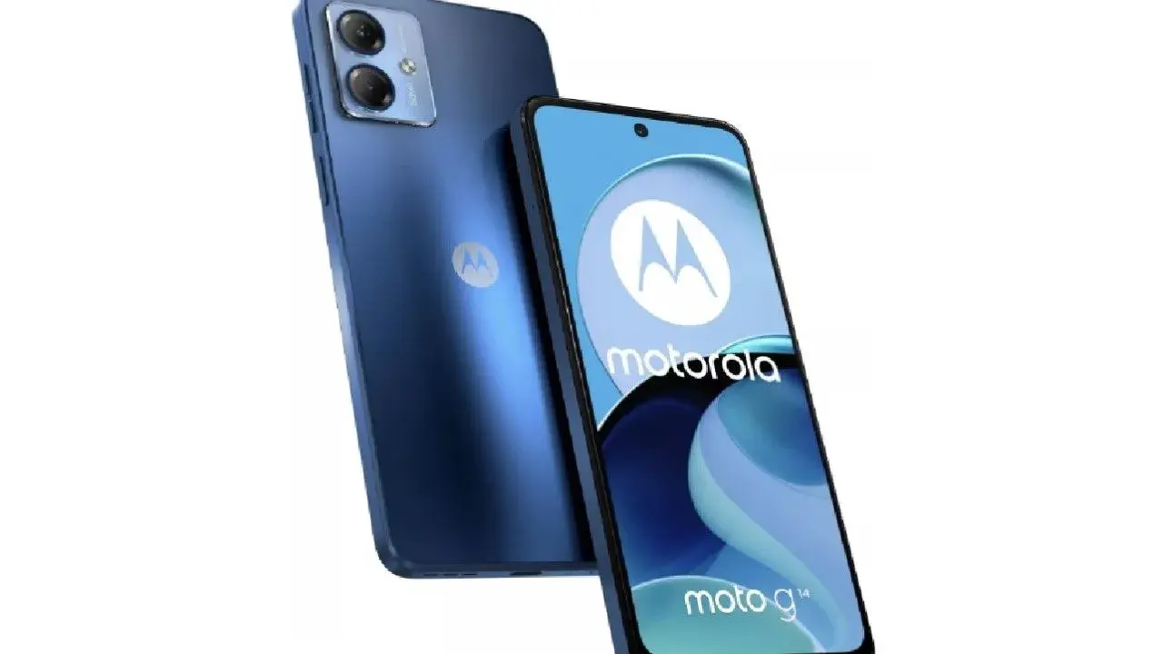 Dwa niebieskie telefony Motorola G Play na białym tle. Jeden z przodu z logo Motorola i napisem "moto g¹⁴", drugi z tyłu z modułem aparatu.