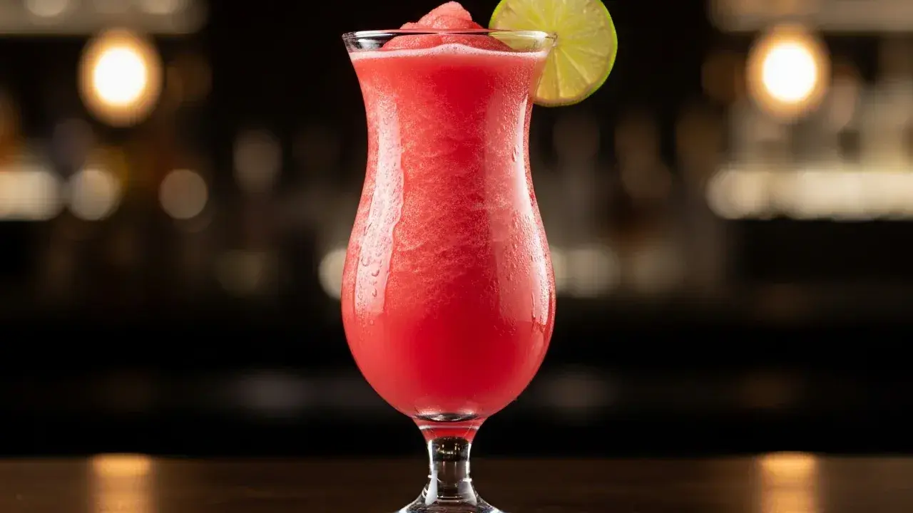 En frostig watermelon daiquiri med en limeklyfta, perfekt för en varm sommardag.