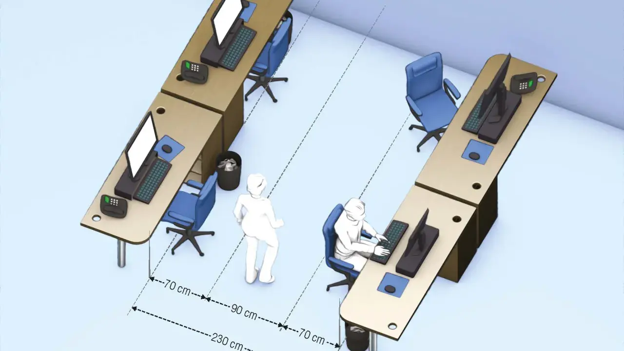 Aménagement de bureaux illustrant l'ergonomie : distances entre postes de travail et circulation.