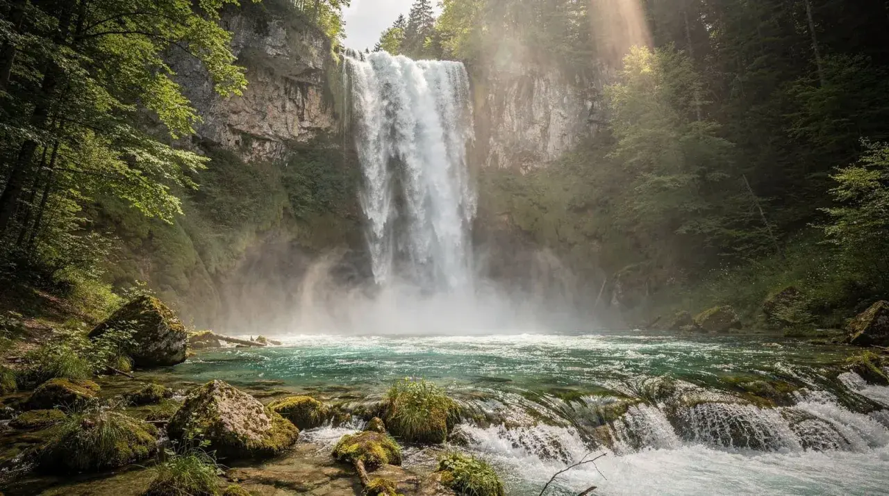 Cascata maestosa nei Laghi di Plitvice, con acqua turchese e rocce muschiose. La luce solare filtra tra gli alberi, creando un'atmosfera magica.
