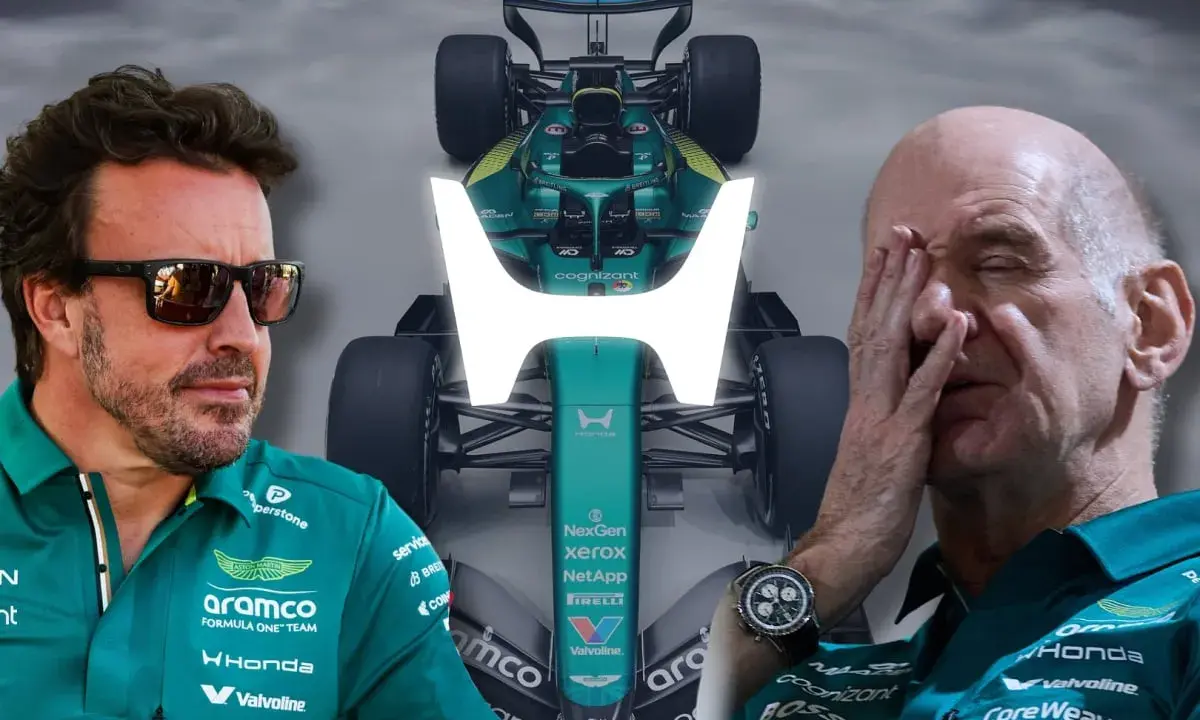 Fernando Alonso y un coche de Aston Martin, con la silueta de Adrian Newey en el fondo.