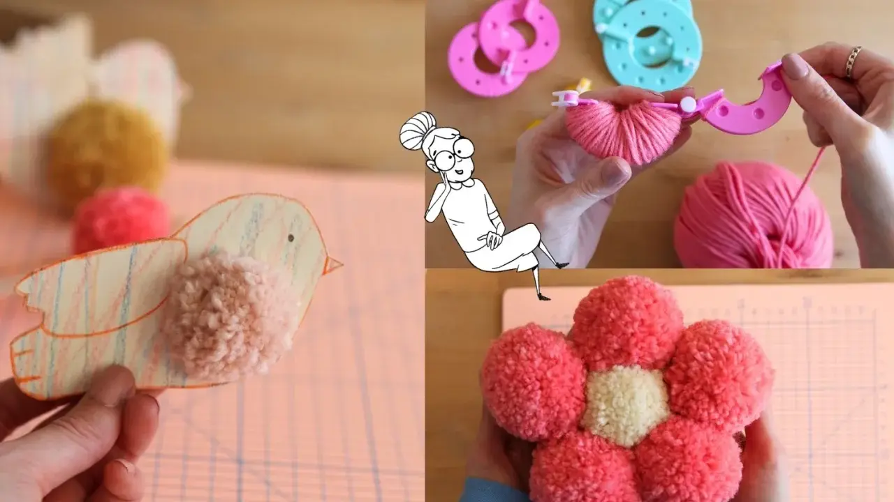 Anleitung zum pompons selber machen: Ein Vogel aus Papier mit Pompon, Werkzeuge und Garn, sowie eine Pompon-Blume.