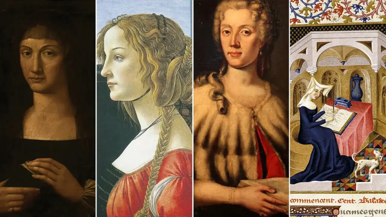 Quattro ritratti femminili: un volto enigmatico, una dama con trecce, una donna con riccioli e una figura che scrive, forse Cristina da Pizzano.