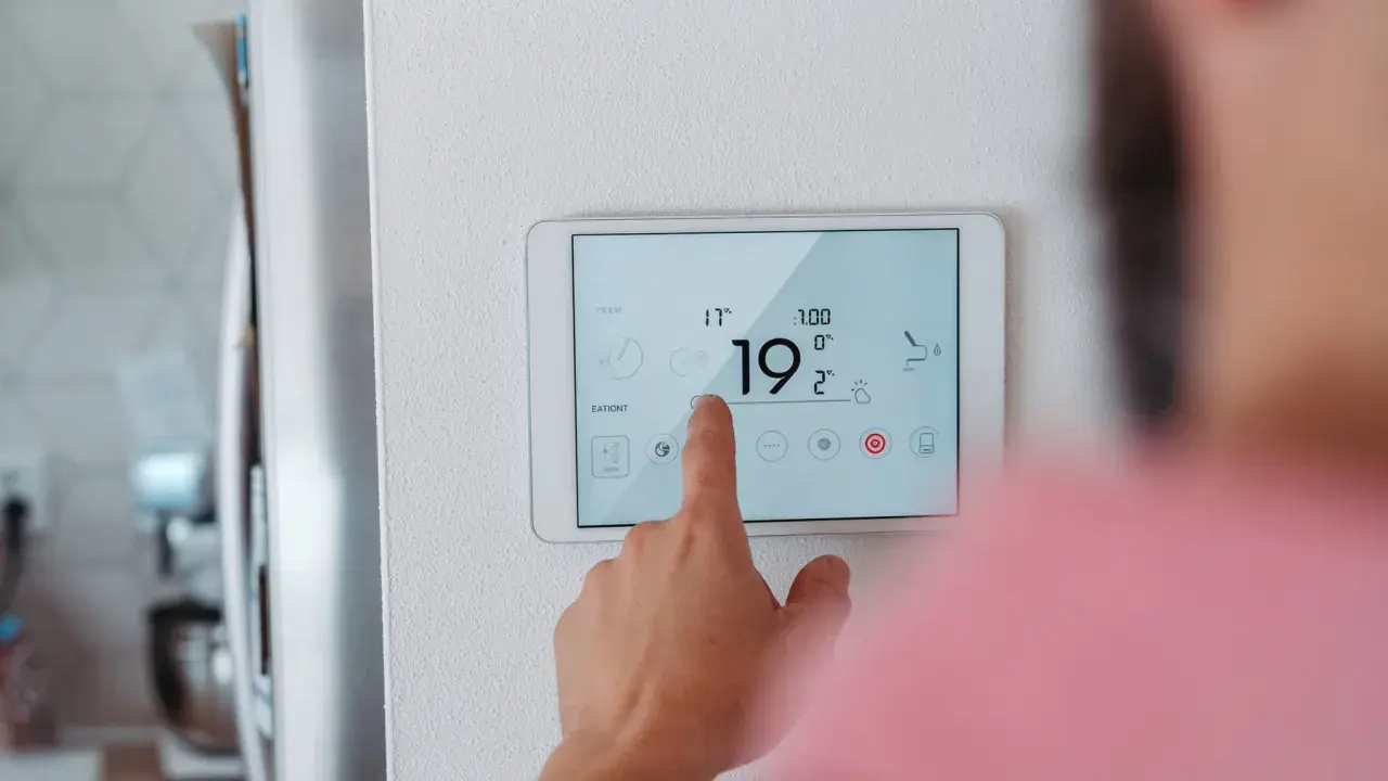 Main d'une personne ajustant la température sur un écran tactile, optimisant la programmation chauffage pour un confort idéal.