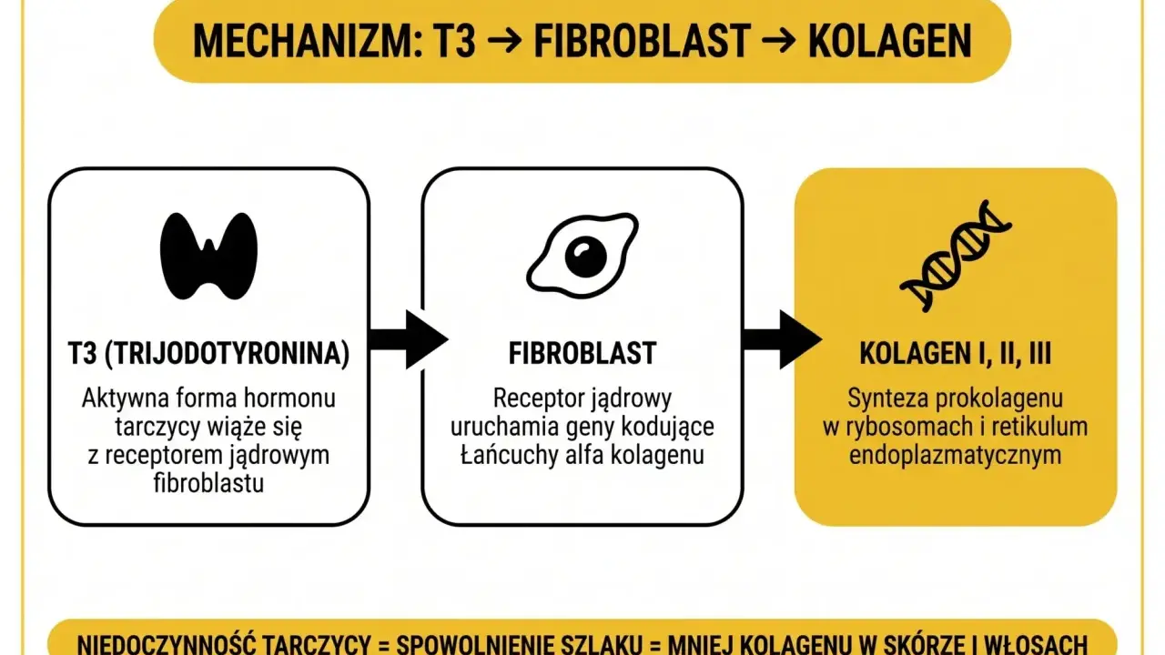 Schemat pokazuje, jak T3 wpływa na fibroblasty, co prowadzi do syntezy kolagenu. Niedoczynność tarczycy spowalnia ten szlak, zmniejszając ilość kolagenu.