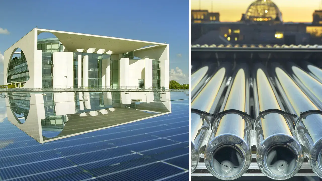 Moderne Architektur mit Solaranlagen und Solarthermie-Kollektoren, die die Arbeit des Bundesverband Solarwirtschaft symbolisieren.
