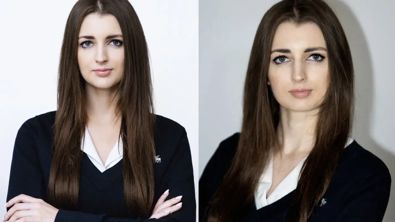 Dwie fotografie młodej kobiety w czarnym swetrze i białej koszuli, z rękami skrzyżowanymi na piersi.
