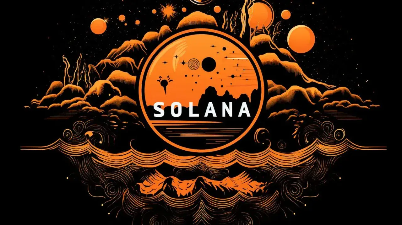 Pomarańczowy krąg z napisem SOLANA na tle kosmicznego krajobrazu z górami i planetami. Symbolizuje potencjał solana blockchain.