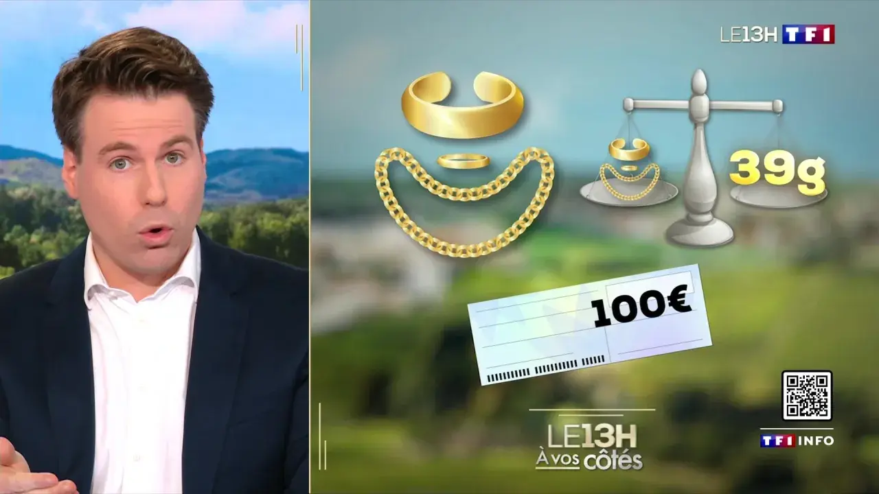 Un homme parle à la télévision. À côté, des bijoux en or sont pesés, montrant 39g, et un chèque de 100€. Une illustration pour faire estimer un bijou.