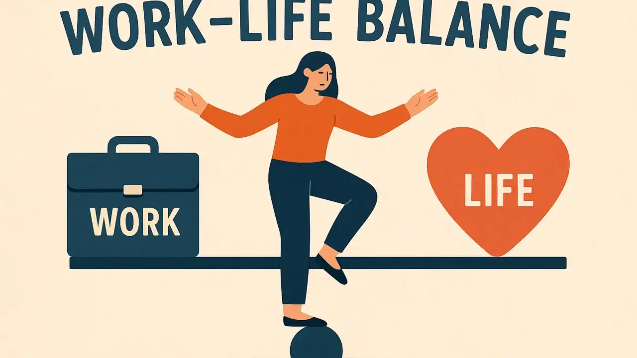 Ilustracja przedstawia kobietę balansującą na kuli, próbując utrzymać równowagę między teczką z napisem "WORK" a sercem z napisem "LIFE". Kluczowe jest osiągnięcie work-life balance.