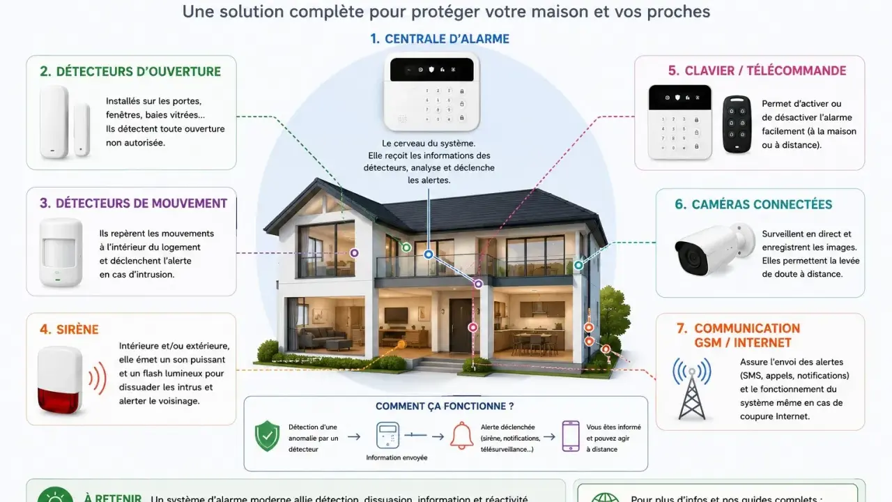 Schéma d'une installation alarme maison : centrale, détecteurs, sirène, caméras, clavier et communication pour une sécurité optimale.