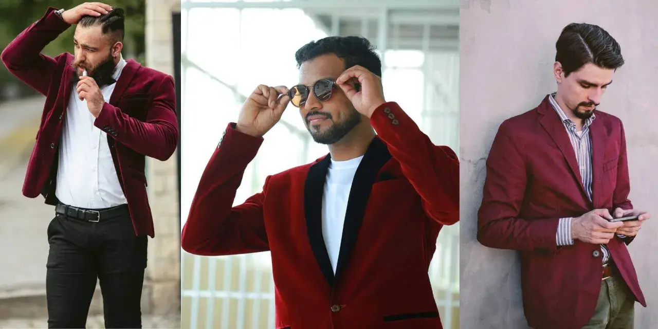 Three men sport stylish burgundy and red blazers. One adjusts his hair, another his sunglasses, and the third checks his phone.