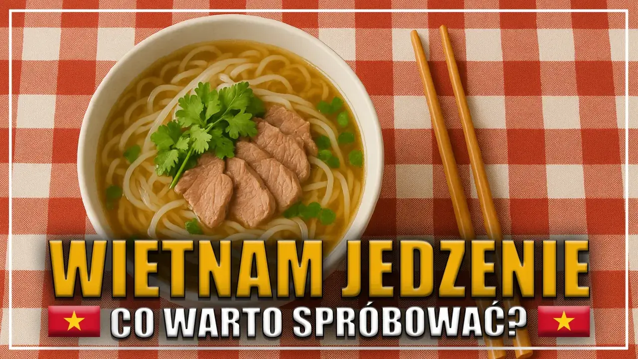 Miska wietnamskiej zupy pho z wołowiną i kolendrą, pałeczki, na czerwono-białej kratce.