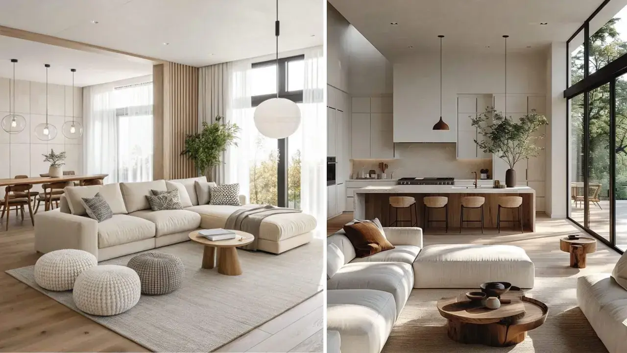 Interni luminosi di una casa beige e bianca con divani comodi, tavolini in legno e una cucina moderna con isola.