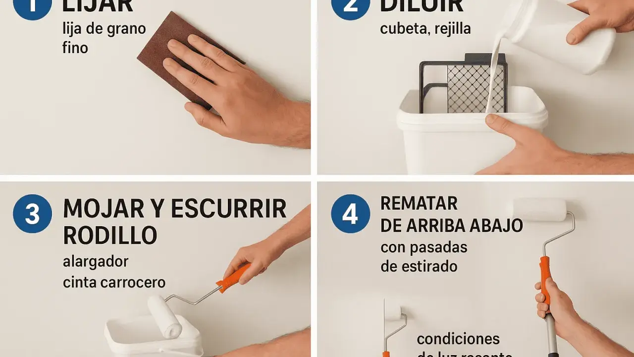 Guía para como pintar paredes con rodillo: lijar, diluir pintura, mojar y escurrir rodillo, y rematar de arriba abajo.