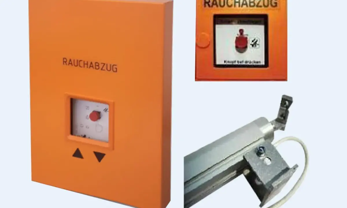 Rauchabzug-Steuereinheit mit rotem Knopf und Pfeilen, daneben ein Display mit Rauchwarnsymbol. Ein mechanischer Antrieb ist ebenfalls zu sehen.