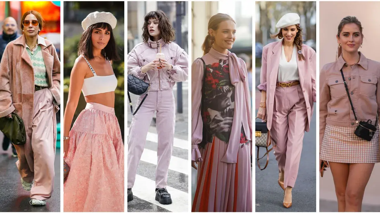 Sei donne sfoggiano un outfit marrone e rosa, con diverse interpretazioni di stile, da cappotti oversize a completi eleganti e gonne svolazzanti.