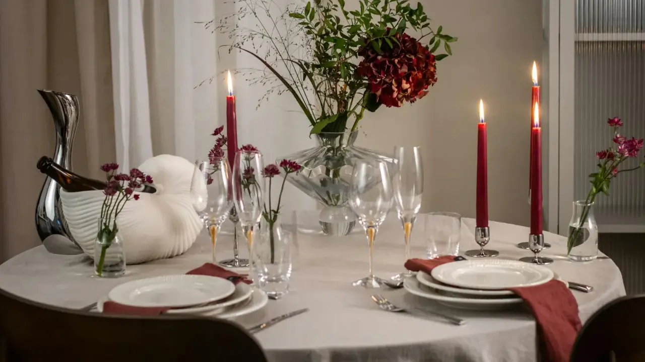 En vacker dukning med röda ljus, blommor och glas. En perfekt inramning för en mysig middag.