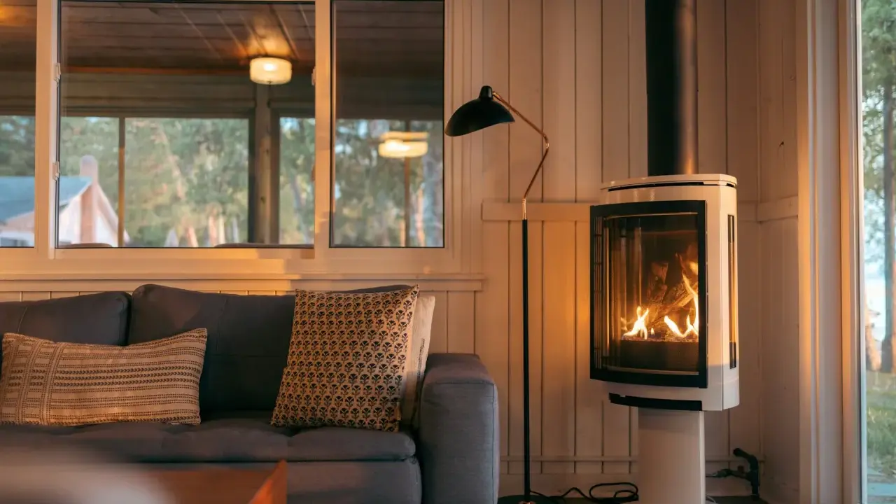 Un poêle à bois moderne chauffe une pièce cosy. Respectez la distance à respecter autour d'un poêle à bois pour une sécurité optimale.