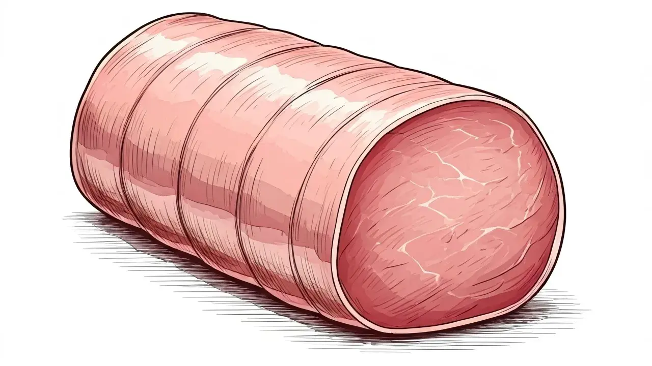 Un solomillo en inglés, un corte de carne rosado y tierno, atado y listo para cocinar.