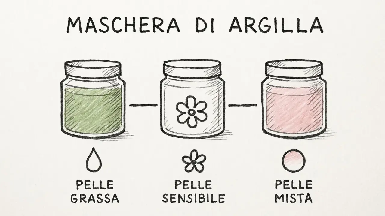Maschera di argilla bianca: verde per pelle grassa, con fiore per pelle sensibile, rosa per pelle mista.
