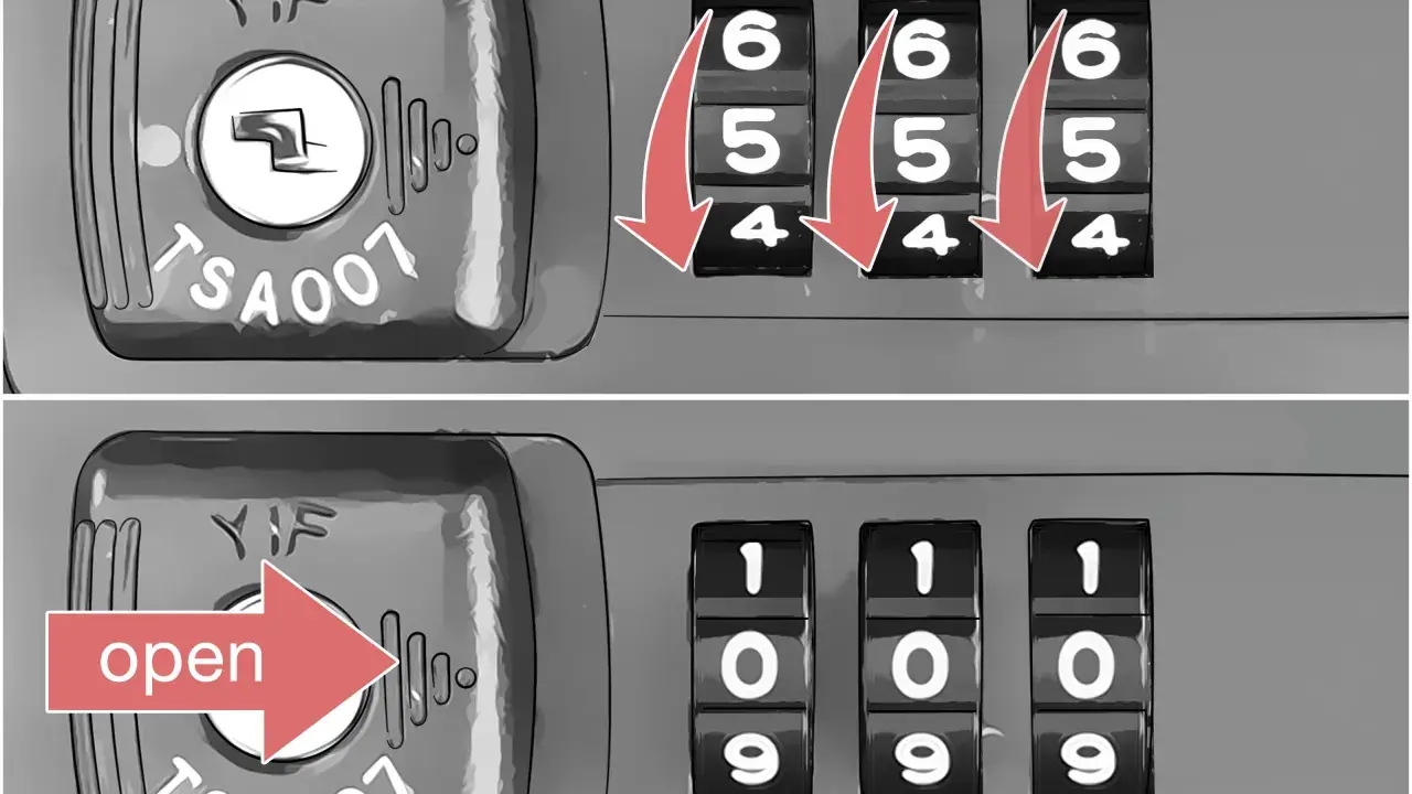 Zbliżenie na zamek szyfrowy walizki TSA. Górny panel pokazuje cyfry 6, 5, 4 z czerwonymi strzałkami. Dolny panel pokazuje cyfry 1, 0, 9 z napisem "open".