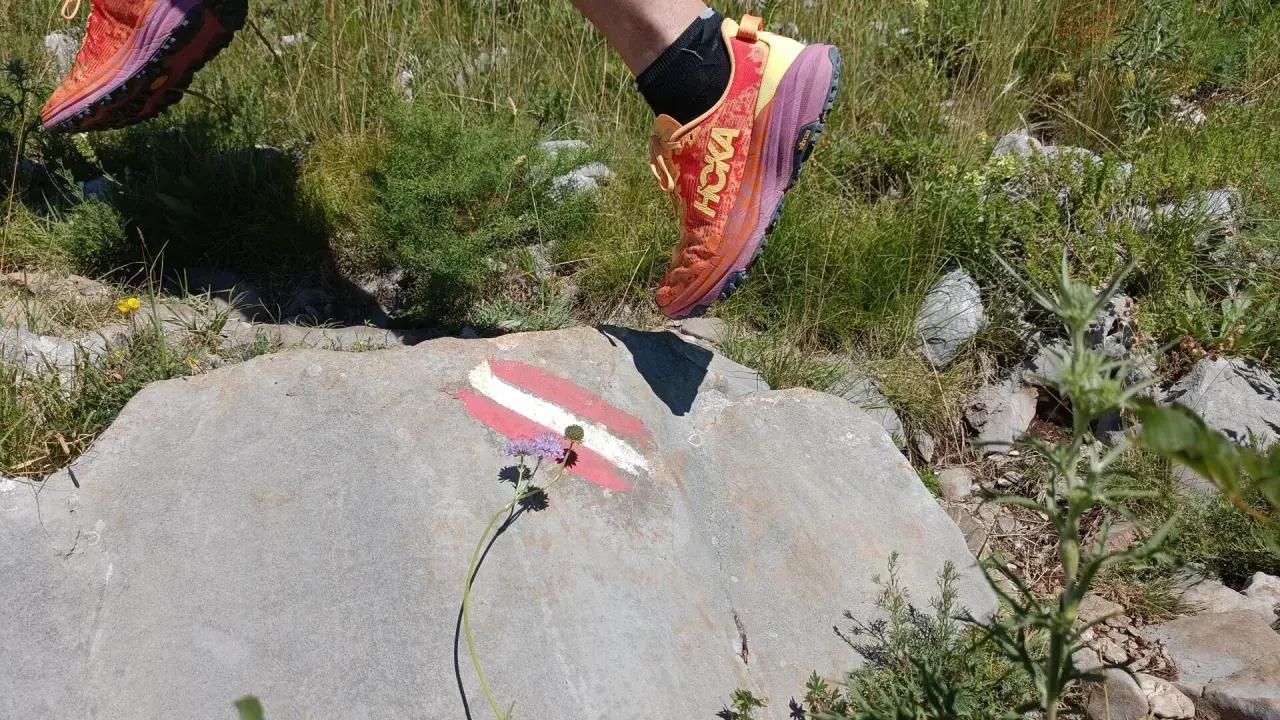Biegacz w butach Hoka Speedgoat 6 pokonuje górski szlak, stawiając stopę na skale z oznaczeniem szlaku.