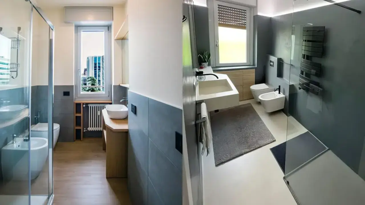 Bagno rettangolare con finestra in fondo, doccia in vetro, lavabo e bidet.