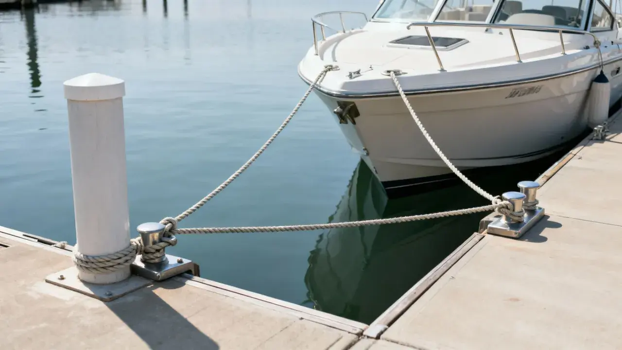 Bateau blanc amarré à un quai avec des cordages et des taquets.