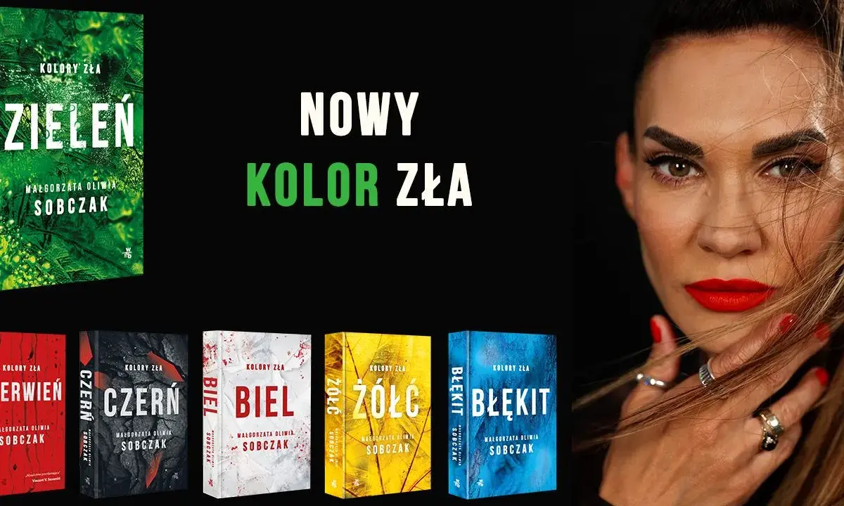 Nowy kolor zła: "Zieleń" obok innych okładek książek z serii "Kolory zła" i twarzy kobiety.