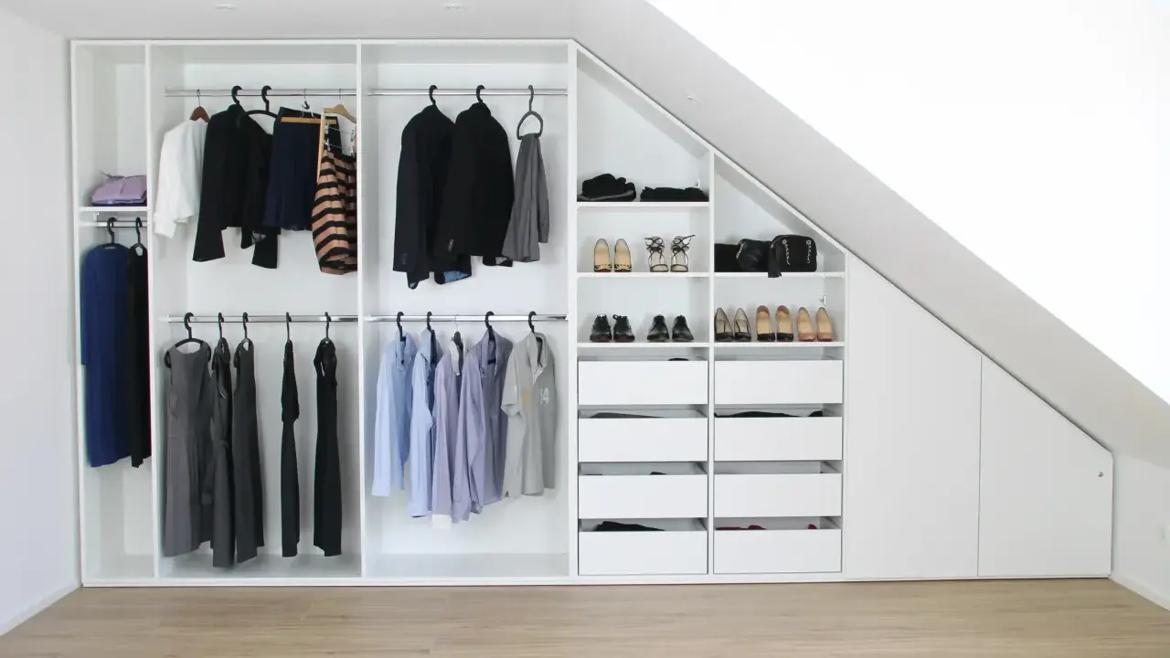Ein maßgefertigter Kleiderschrank bauen, der sich perfekt in die Dachschräge einfügt. Ordentlich sortierte Kleidung und Schuhe.