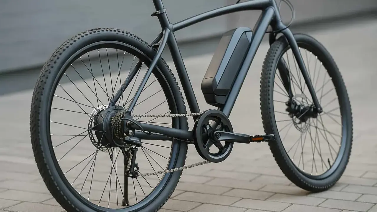 Vélo électrique noir, moteur dans la roue arrière, batterie sur le cadre. Prêt à débrider pour plus de puissance.