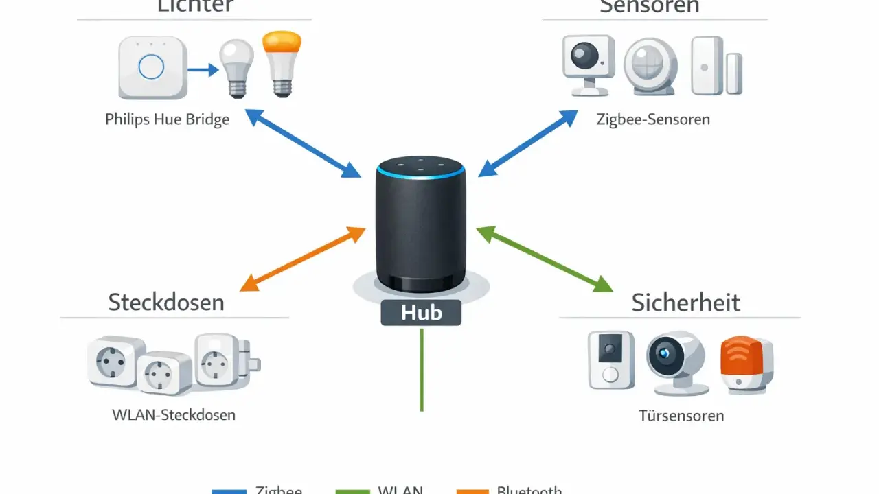 Schema einer smart home installation: Hub verbindet Lichter, Sensoren, Steckdosen und Sicherheitssysteme über Zigbee, WLAN und Bluetooth.