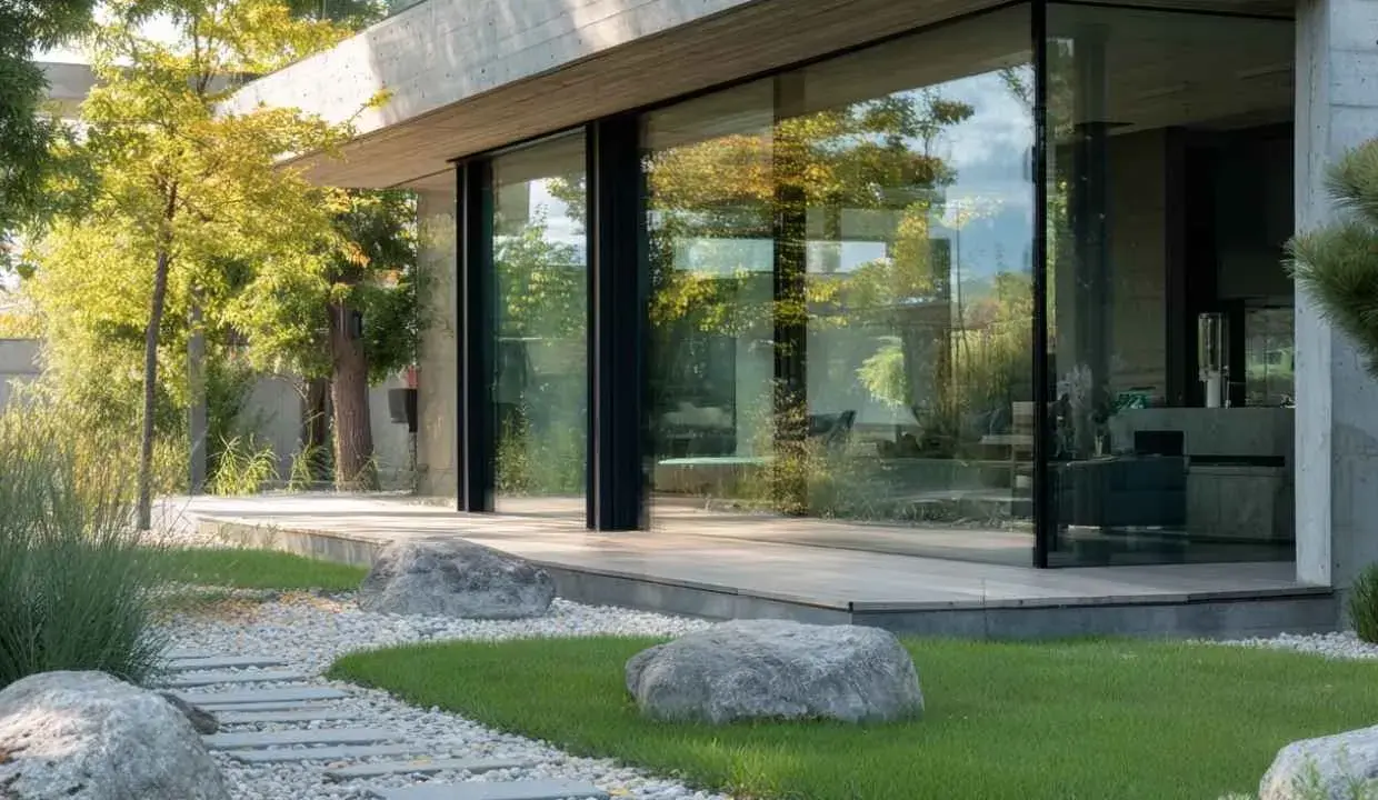 Una moderna casa con una **ventana panorámica** que refleja el verde jardín y los árboles.