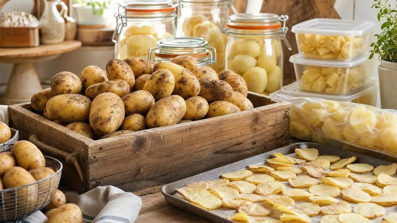 Des pommes de terre fraîches dans une caisse en bois, des bocaux et des contenants remplis de pommes de terre préparées. Voici comment conserver les pommes de terre pour en profiter plus tard.