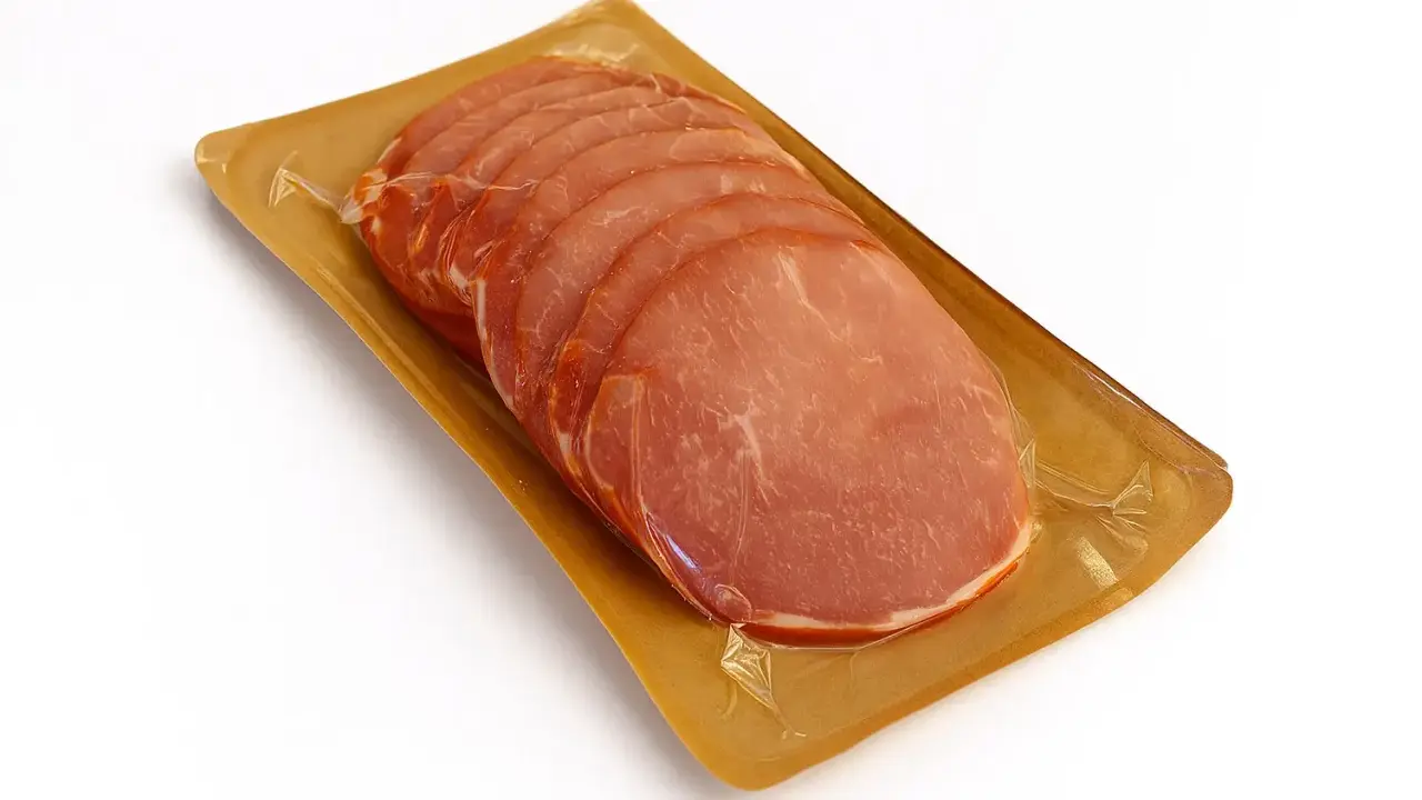Lonchas de lomo adobado envasadas al vacío sobre una bandeja dorada.