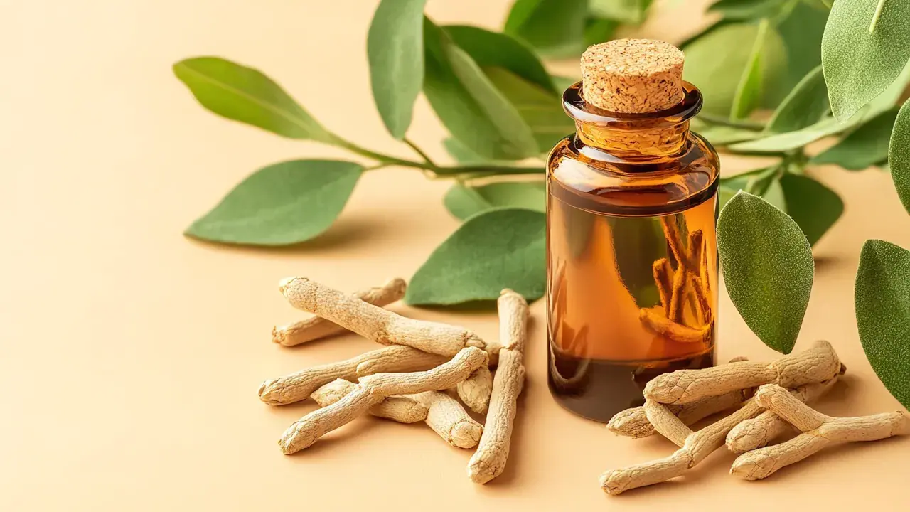 Flacon d'huile ambrée à côté de racines séchées d'ashwagandha, évoquant ses bienfaits naturels pour le bien-être.