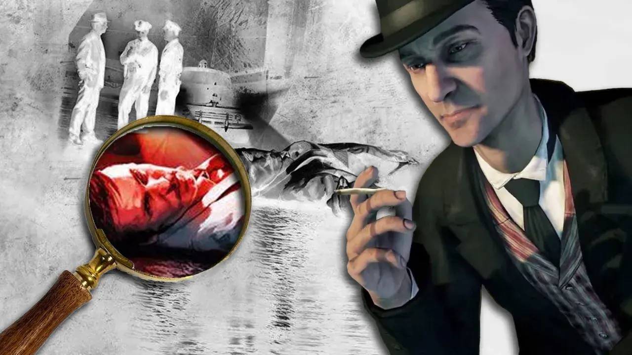 Sherlock Holmes gra. Detektyw z papierosem w dłoni analizuje dowody z miejsca zbrodni pod lupą.